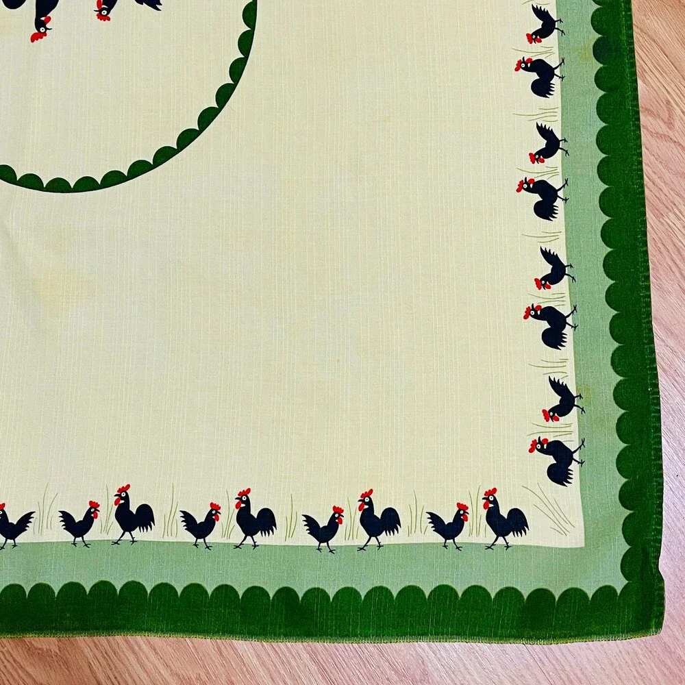 Vintage Rooster & Hen Yellow Green Border Tablecloth 34x38